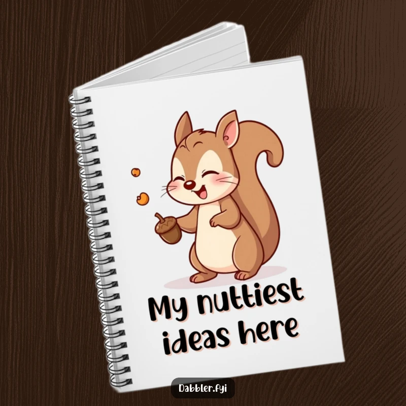 Funny squirrel notebook cover featuring a playful squirrel enthusiastically tossing an acorn, perfect for jotting down ideas.