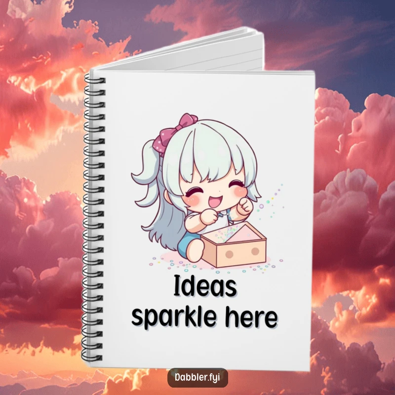 Funny glitter sprinkler notebook with a happy character sprinkling glitter, ideal for notes and sparkly project planning.
