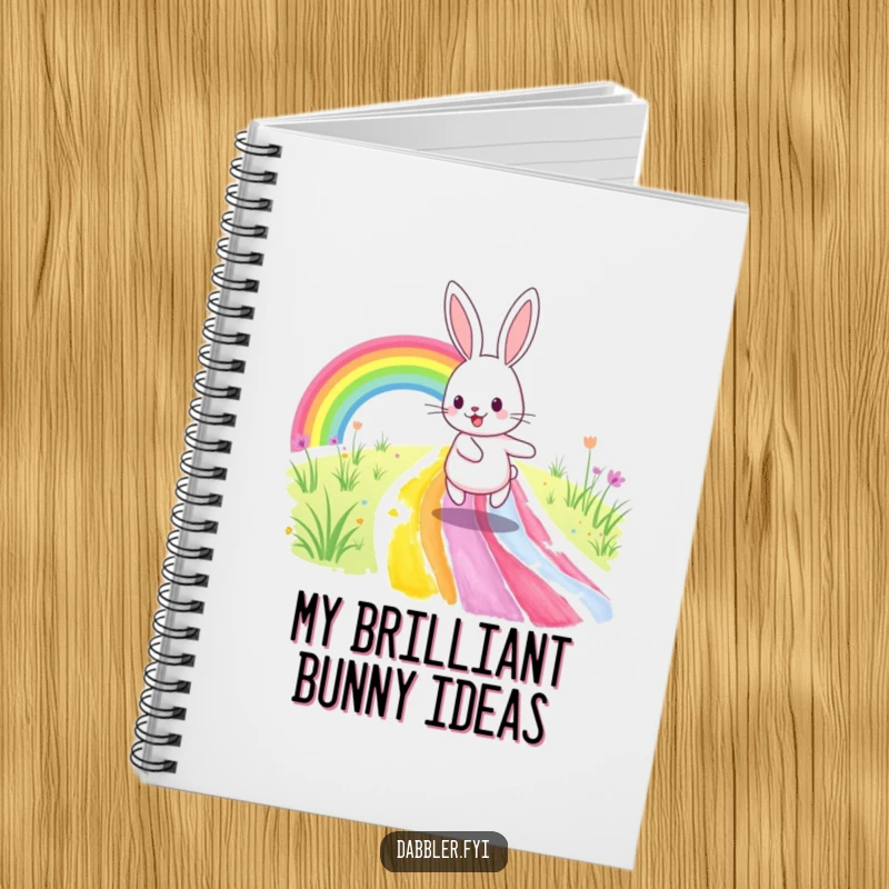 Funny Notebook: A happy rabbit skips down a colorful rainbow path, perfect for journaling artistic thoughts and whimsical ideas.
