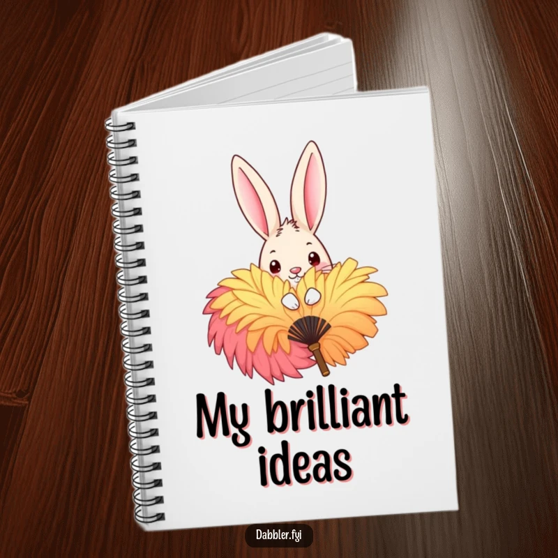 Funny Notebook with a mischievous rabbit peeking playfully behind a large, colorful feather fan, perfect for jotting down funny thoughts and notes.