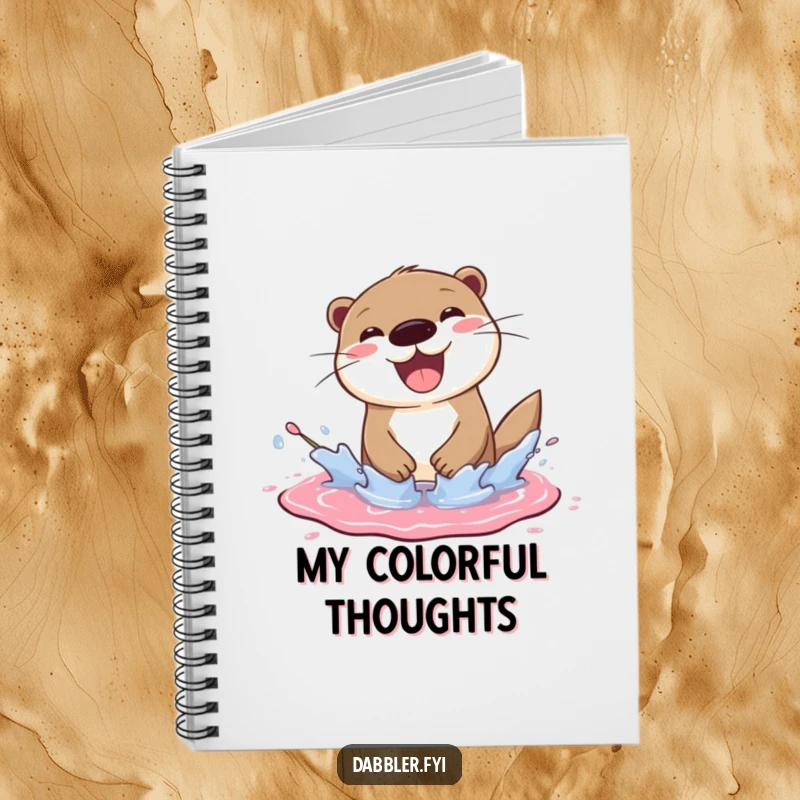 Funny otter notebook showing a cheerful otter splashing joyfully in a paint puddle, a cool funny gift.
