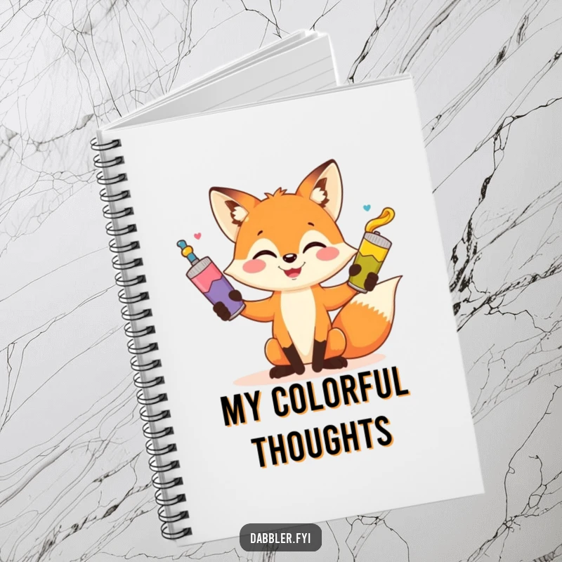 Funny fox notebook, playful artist fox juggling paint tubes, for jotting down ideas with humor, creative and funny gift.