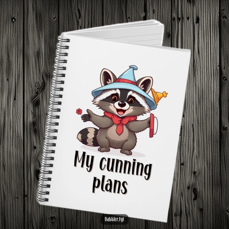 Funny raccoon hat notebook featuring a playful raccoon trying on various hats, ideal for note-taking and gifting with a humorous critter theme.