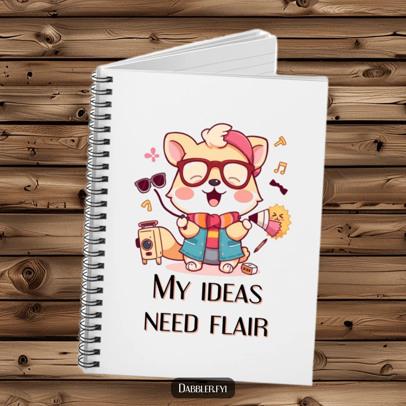 Funny notebook cover with an amused animal trying on a silly wig and large, colorful glasses.