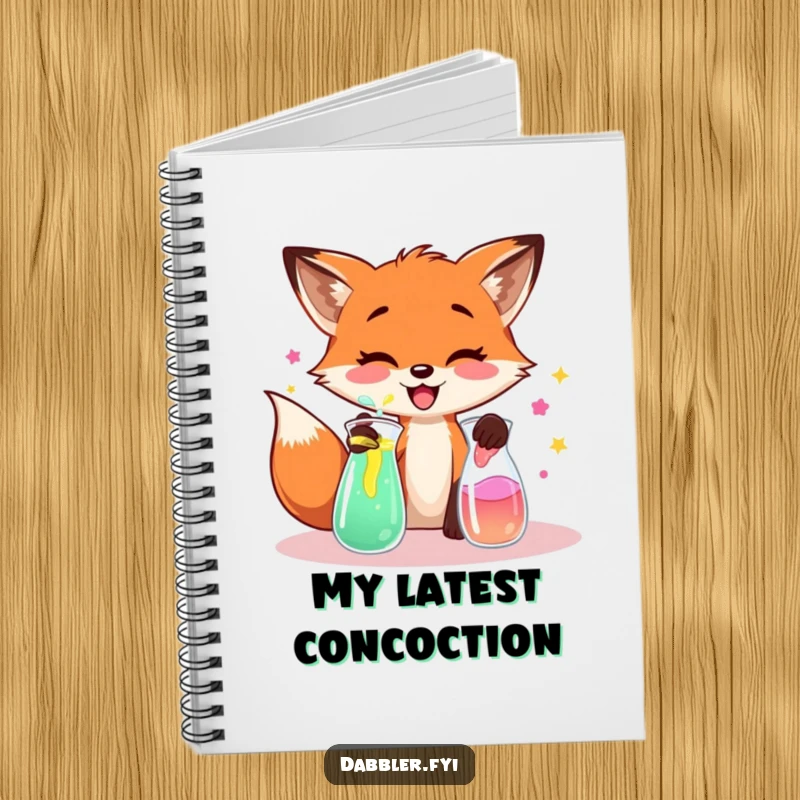 Funny fox notebook, featuring a fox mixing colorful liquids on its cover, for writing notes.