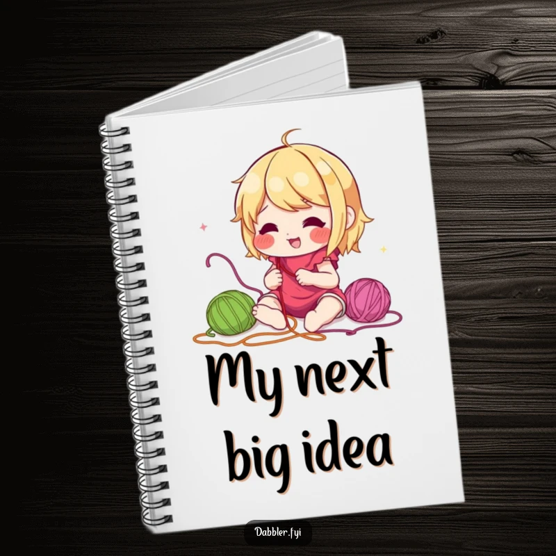 Funny notebook cover with a lively character engrossed in experimenting with a vibrant palette of colorful embroidery threads, perfect for jotting creative ideas.