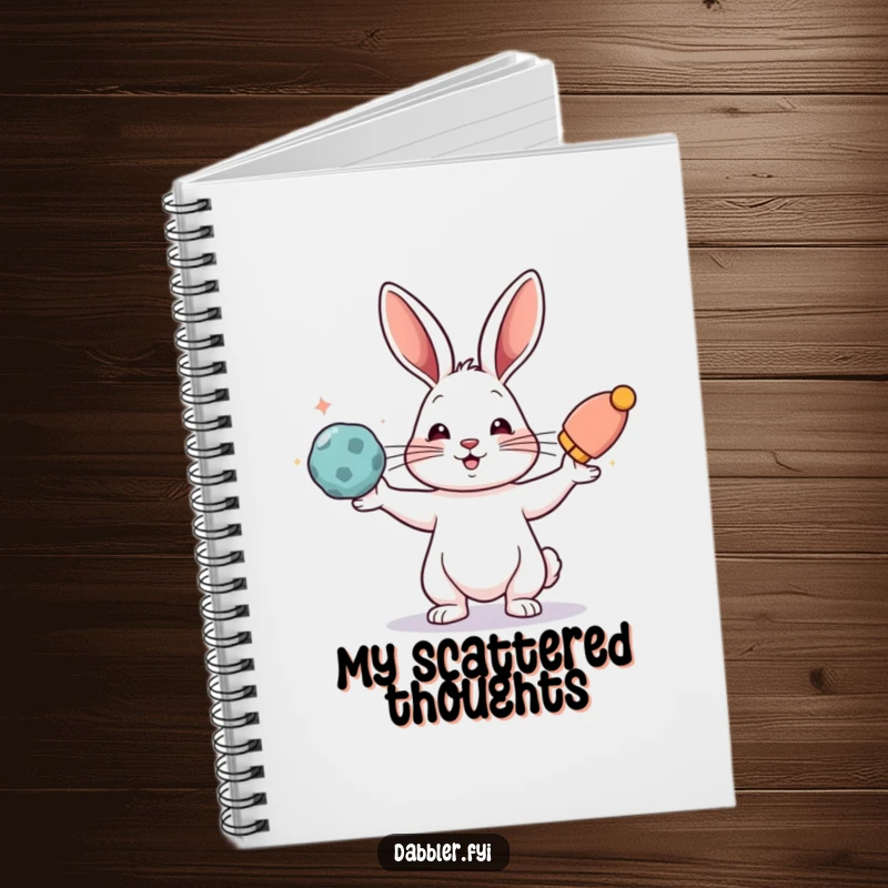 Funny notebook with a rabbit juggling colorful objects, perfect for writing and a funny gift.