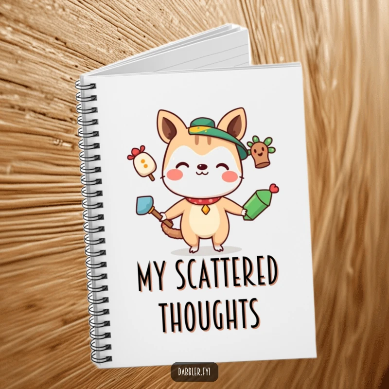 Funny Notebook featuring a curious animal character smiling while juggling three quirky items, great for jotting down ideas.