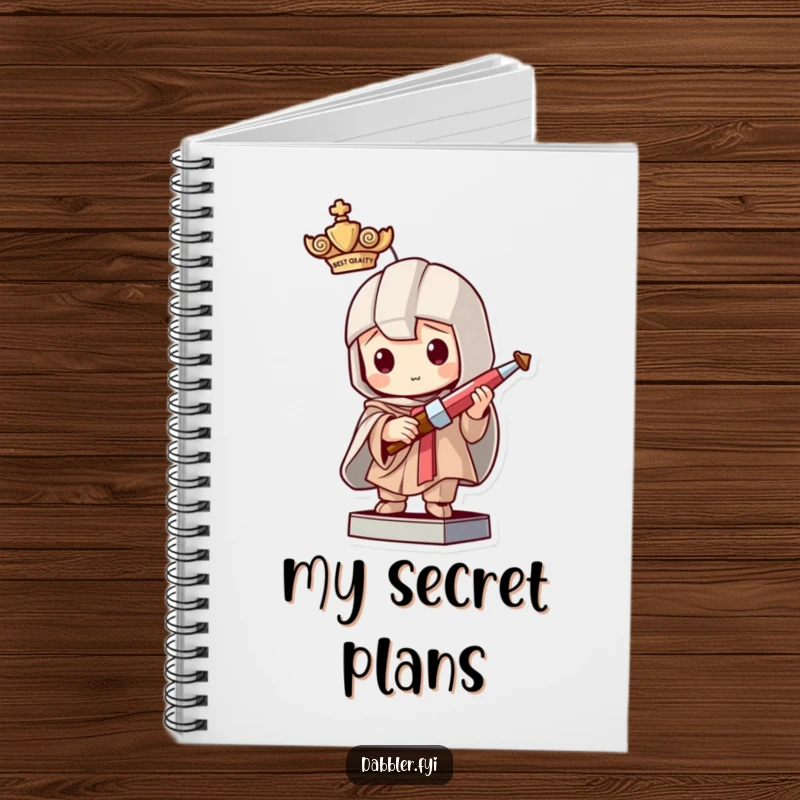 Funny notebook cover with a mischievous character pretending to be a statue holding a tiny crafting tool, perfect for jotting creative, sneaky ideas.