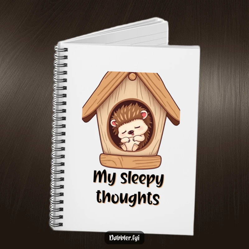 Funny Notebook: A sleepy hedgehog character snoozing inside a half-finished birdhouse, inspiring peaceful thoughts.