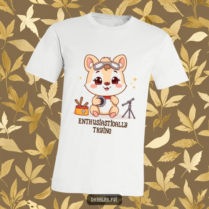 Funny t-shirt depicting a smiling animal character exploring a new hobby with boundless, wide-eyed enthusiasm, celebrating curiosity.