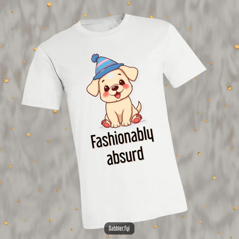 Funny t-shirt featuring a happy puppy enthusiastically wearing a bright, silly hat, perfect for a funny gift.