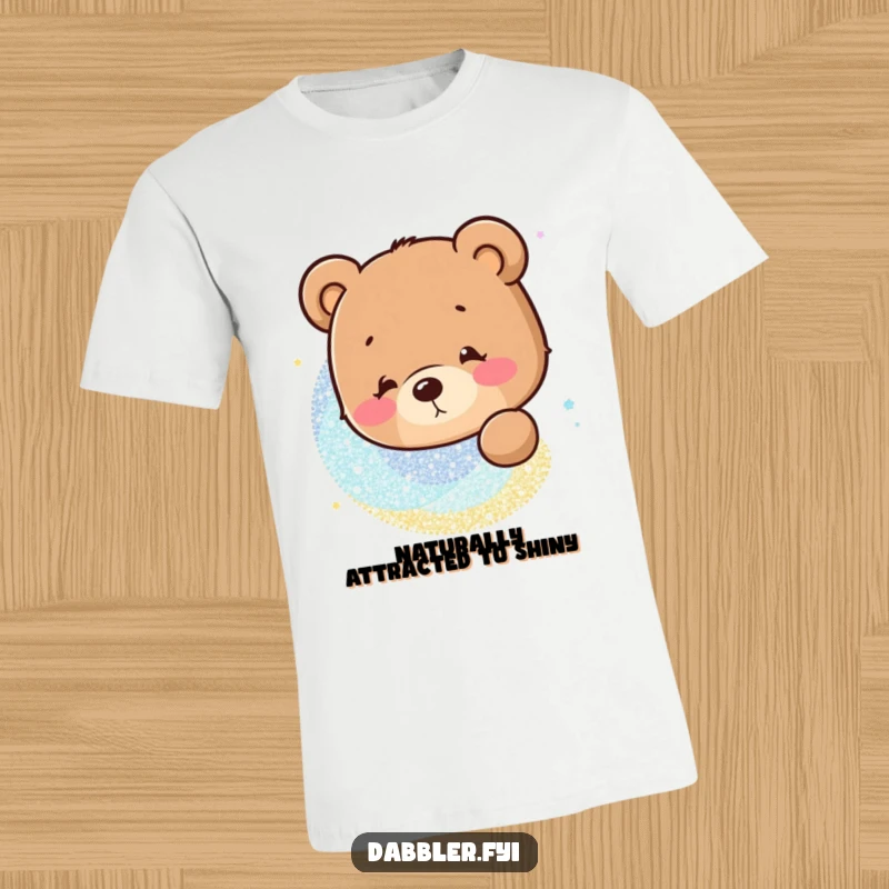 Funny T-Shirt: A curious bear character intensely focused on a mesmerizing swirl of glitter, conveying humor.