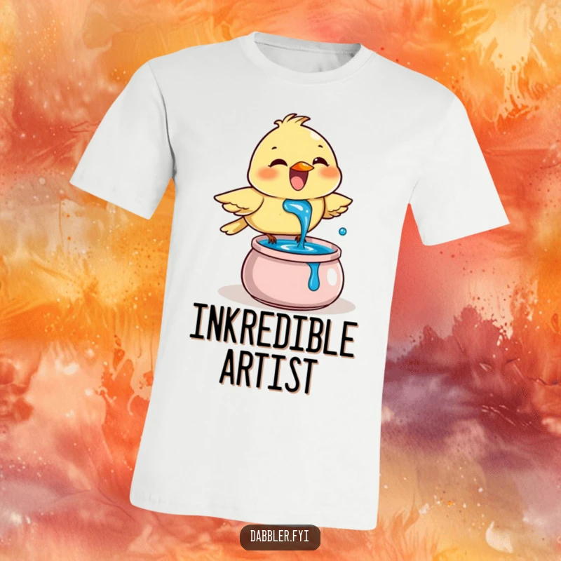 Funny T-Shirt: A joyful bird enthusiastically dips its beak into a pot of blue ink, symbolizing creative exploration and flair.