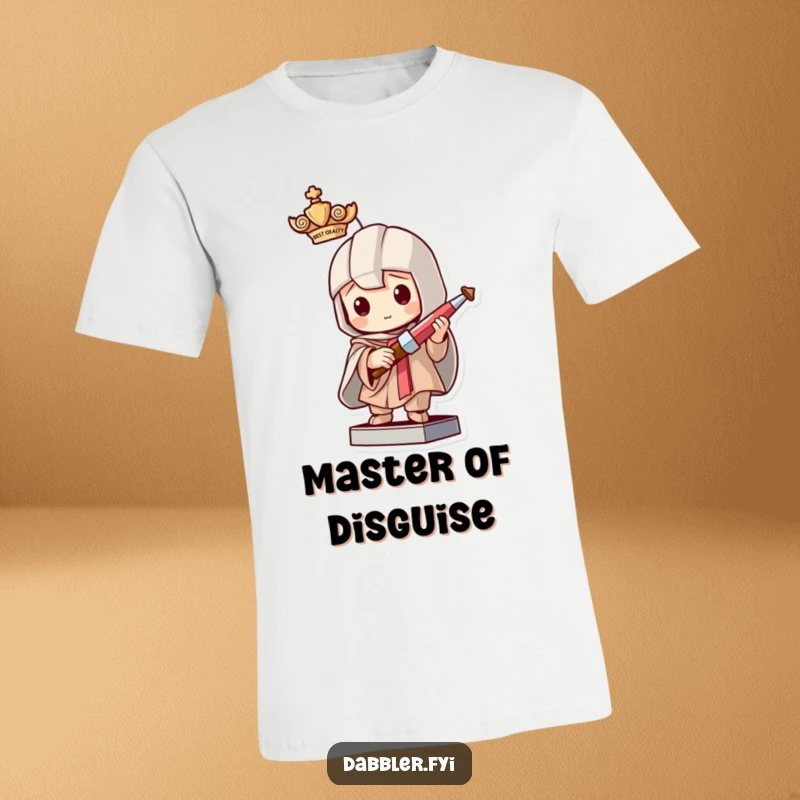 Funny t-shirt graphic of a mischievous character adopting a statue pose, subtly holding a miniature crafting tool, embodying playful deception.