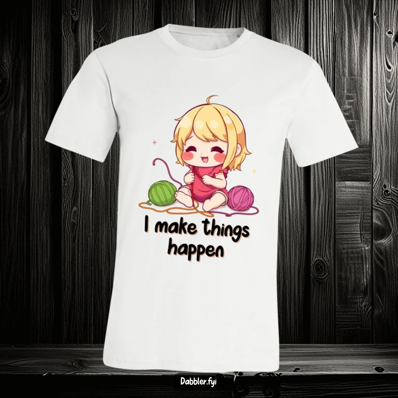 Funny t-shirt depicting a lively character joyfully experimenting with diverse colorful threads, illustrating a passion for creative embroidery and playful crafting.