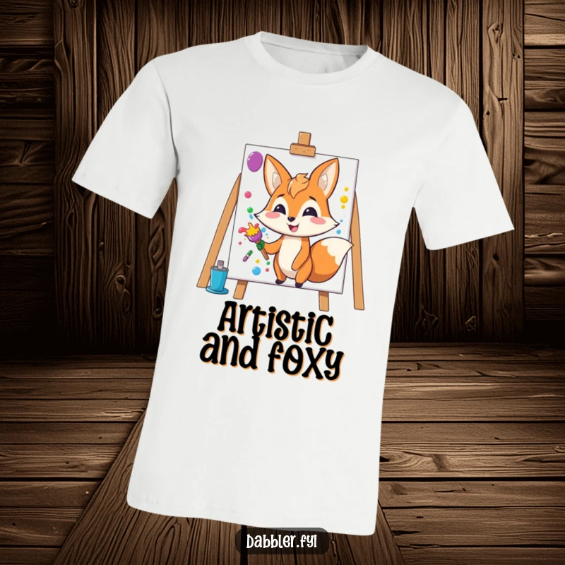 Funny Fox T-Shirt: Happy fox splashes colorful paint onto a blank canvas, expressing artistic joy.