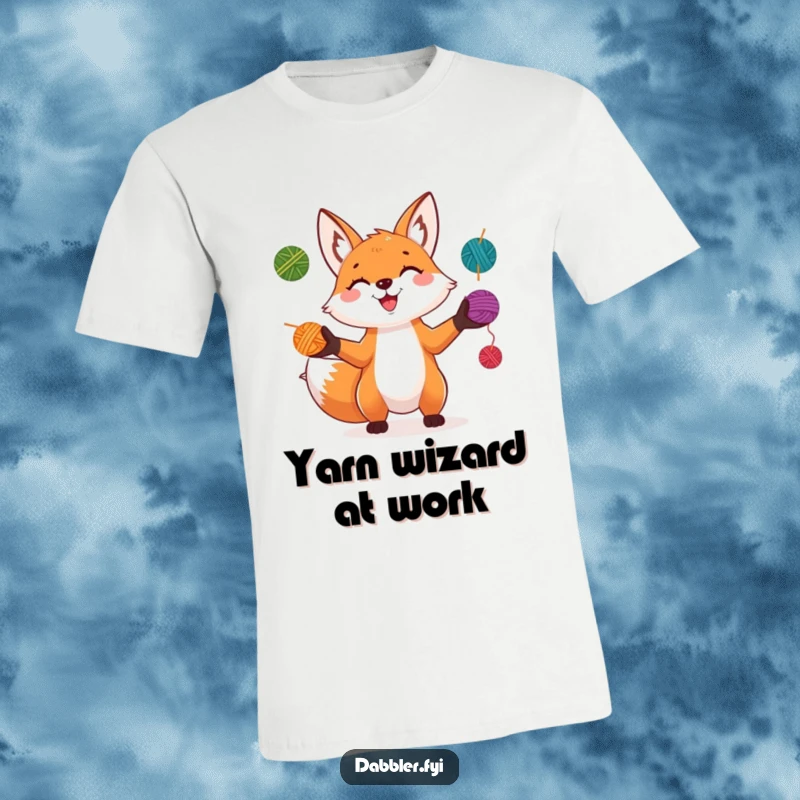 Funny Fox T-Shirt: A playful fox grins while skillfully juggling multiple colorful yarn balls, radiating energetic fun.