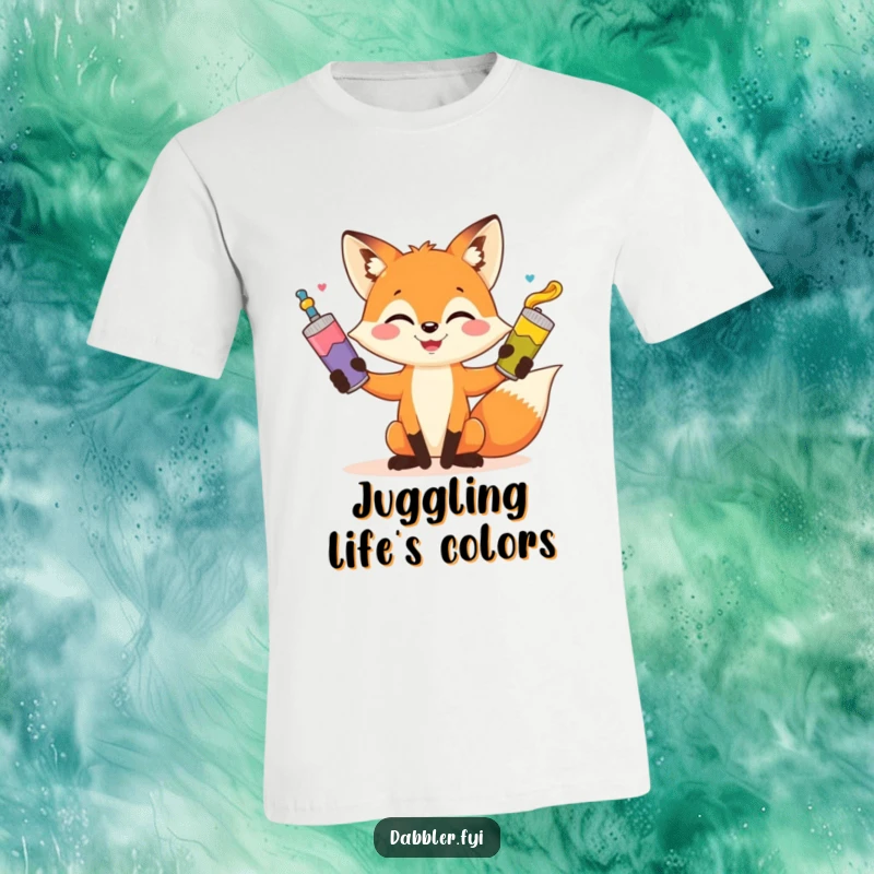 Funny fox paint juggling t-shirt, playful artist fox holding colorful paint tubes, whimsical, humorous apparel for art lovers.