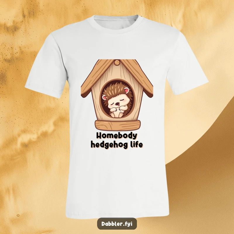 Funny T-Shirt: A sleepy hedgehog character curled up and snoozing inside a cozy, unfinished birdhouse, conveying relaxation.