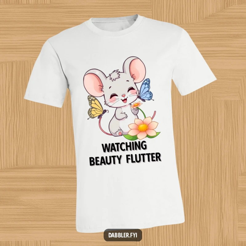 Funny Mouse T-Shirt: Cheerful mouse watching a butterfly on a flower, symbolizing joy and innocent observation.