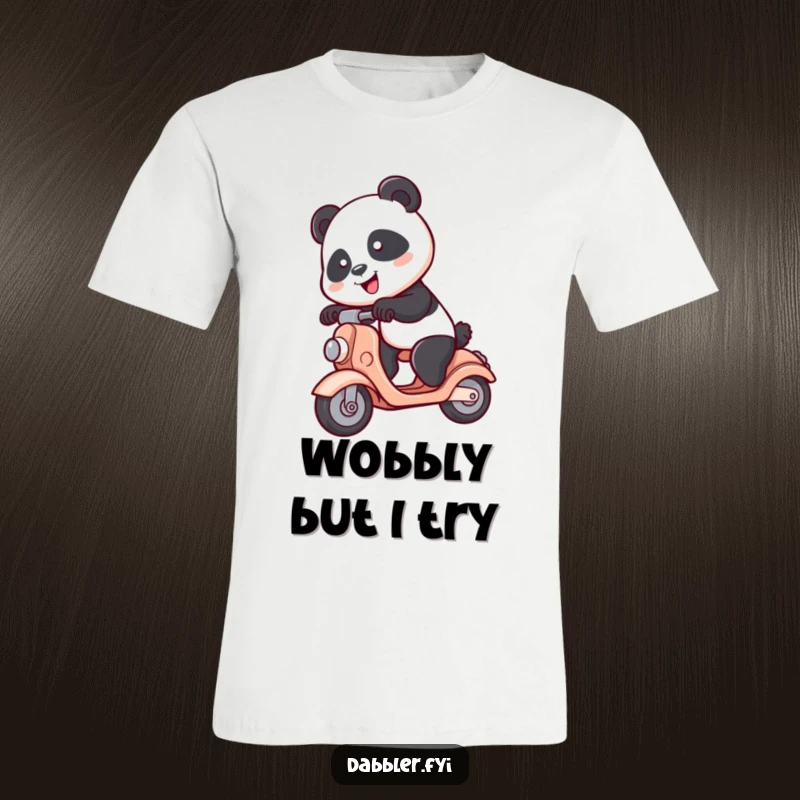 Funny Panda T-Shirt: A spunky panda character comically rides a toy scooter, showcasing energetic humor and playful adventure.