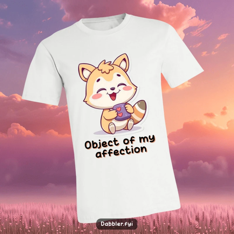 Funny Playful T-Shirt featuring a joyous animal character engrossed with a small, mysterious object, a humorous apparel choice.