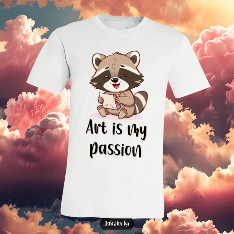 Funny Raccoon T-Shirt: A gleeful raccoon character happily sketches in a small notebook, showcasing passion and humorous creativity.
