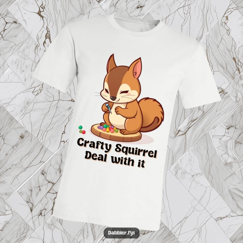 Funny T-Shirt: A determined squirrel character meticulously glues tiny decorative beads onto a coaster, showcasing crafty humor.