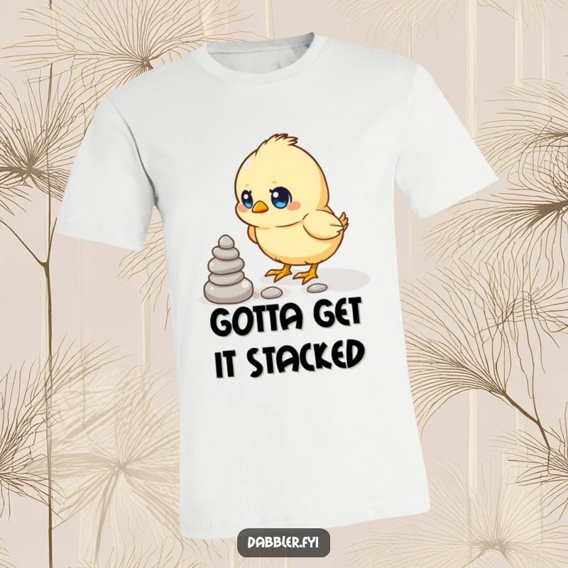 Funny t-shirt graphic of a determined chick focused on stacking small pebbles, representing effort and humor.