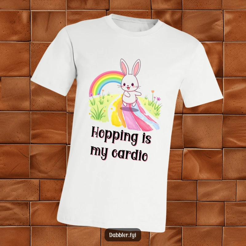 Funny T-Shirt: A happy rabbit energetically skips down a brilliantly painted rainbow path, exuding pure bliss and a love for art.