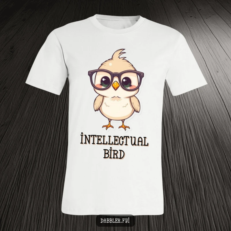 Funny Bird T-Shirt of a cute bird attempting to wear comically oversized glasses, suggesting a scholarly yet amusing personality.