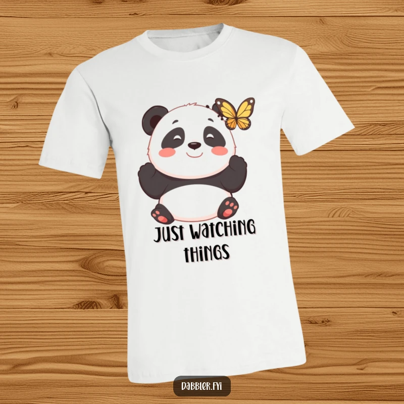Funny t-shirt graphic of a smiling panda observing a fluttering butterfly with fascination and gentle joy.