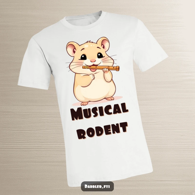 Funny Hamster T-Shirt: A delighted hamster enthusiastically plays a tiny flute, radiating pure joy and musical passion.
