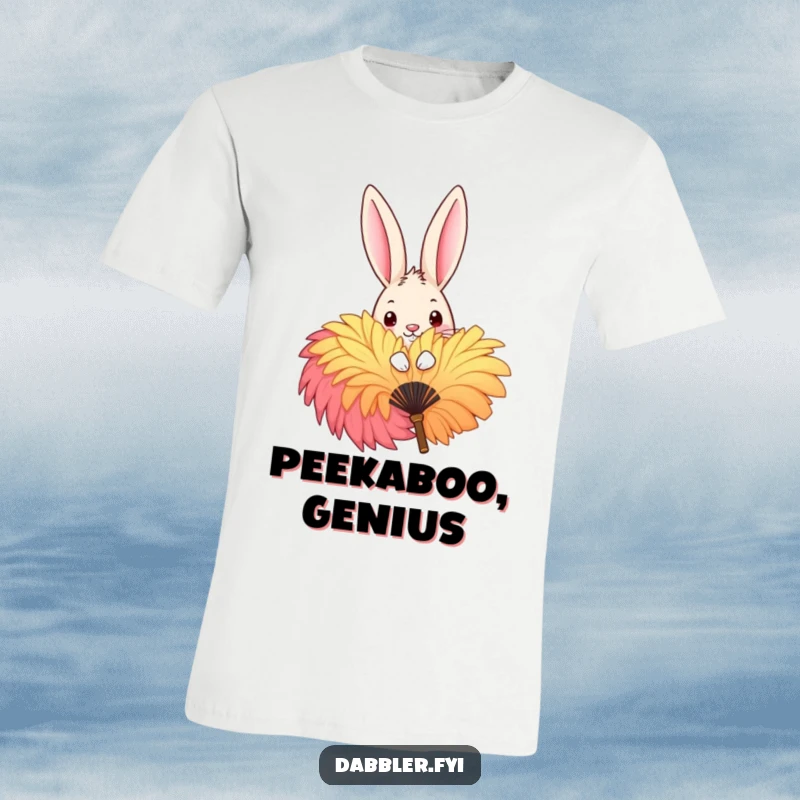 Funny T-Shirt with a mischievous rabbit peeking playfully behind a big, colorful feather fan, perfect for those with a cheeky sense of humor.