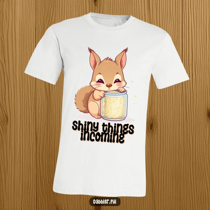 Funny squirrel glitter t-shirt, curious squirrel peeking into tiny can of glitter with excitement, sparkling, humorous apparel for craft lovers.