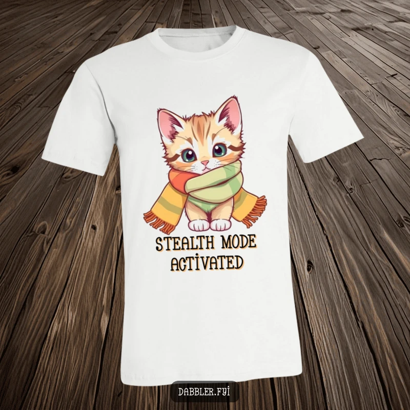 Funny t-shirt featuring a cute kitten peeking from behind a colorful scarf, ideal for a funny gift.