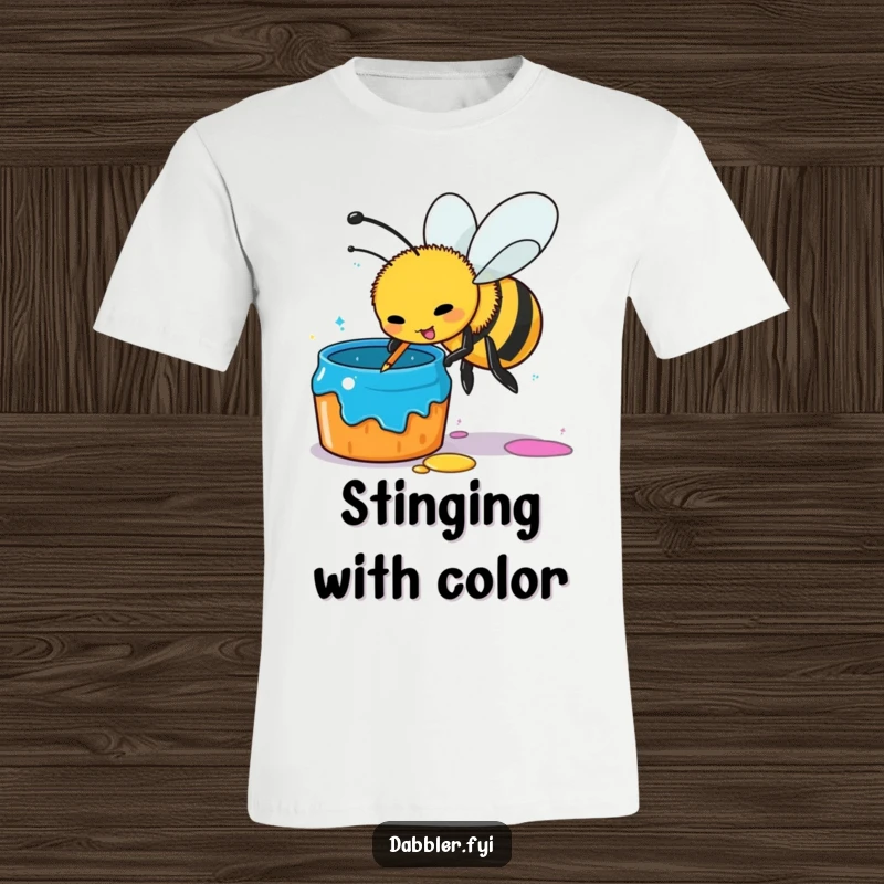 Funny busy bee t-shirt, artist bee enthusiastically dipping stinger into vibrant paint pot, creative, humorous apparel gift for painters.