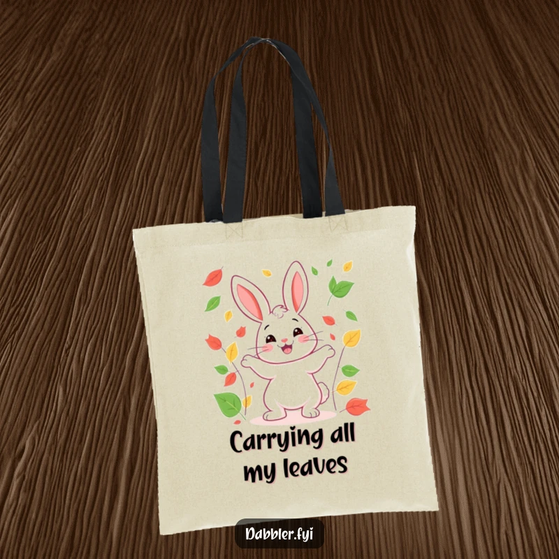 Funny rabbit tote bag showing a happy rabbit smiling broadly while juggling colorful leaves, perfect for carrying essentials.