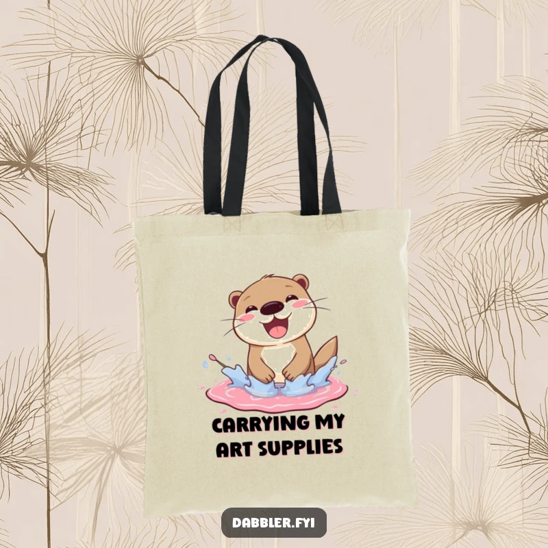 Funny otter tote bag featuring a cheerful otter splashing joyfully in a paint puddle, a stylish funny gift.