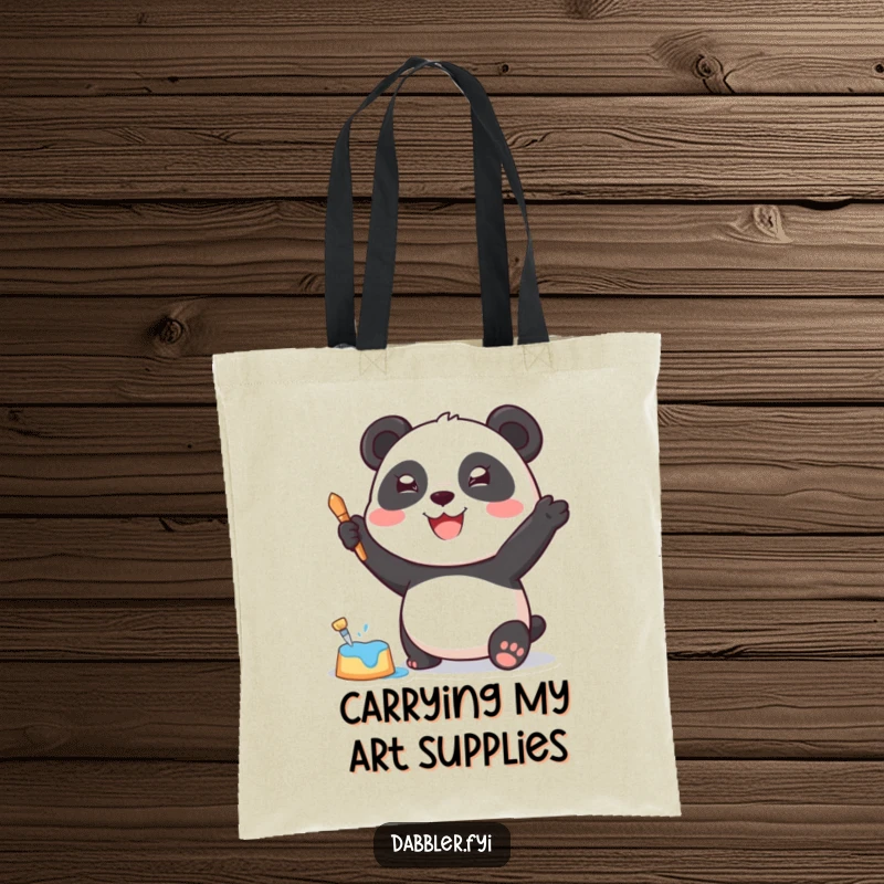 Funny Tote Bag: A joyful panda character dabbing paint with a sponge, perfect for carrying art materials.