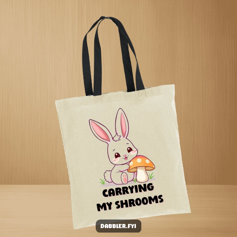 Funny happy bunny tote bag, curiously poking a colorful mushroom with one ear up, a humorous and practical accessory for nature lovers.