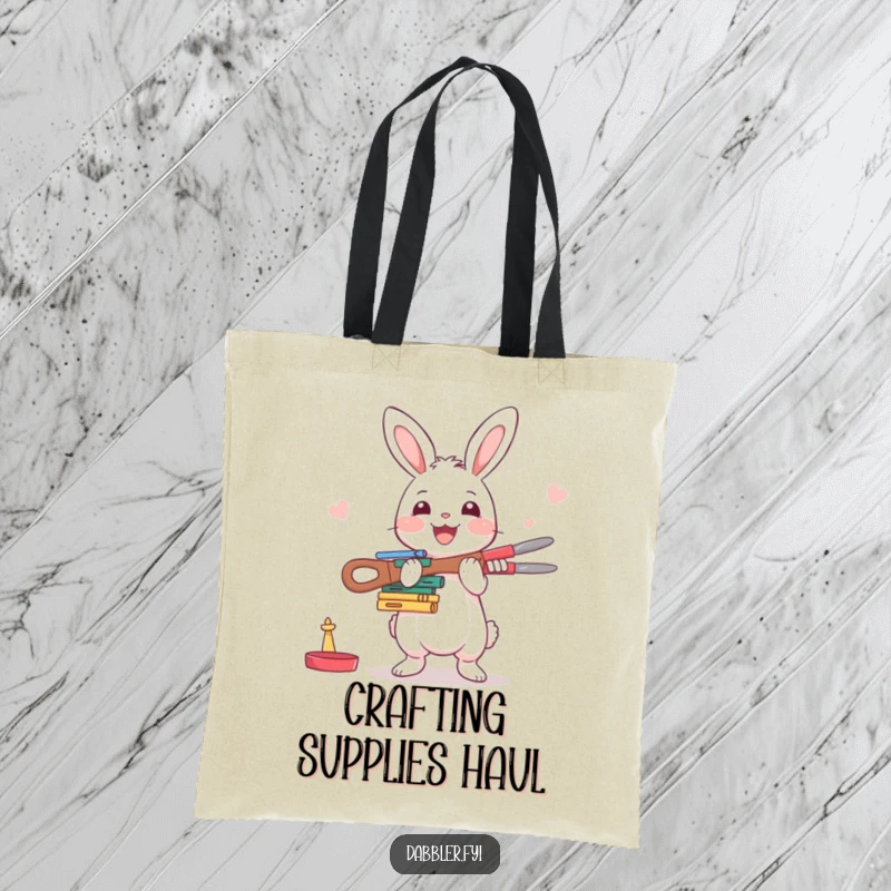 Funny Rabbit Tote Bag: A happy rabbit enthusiastically balances crafting tools, a durable and humorous bag for makers.