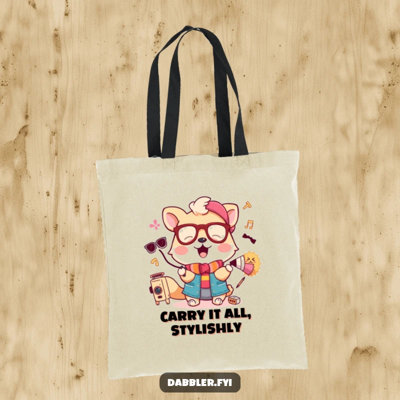 Funny tote bag featuring an ecstatic animal adorably attempting to wear a crown and a flower garland.