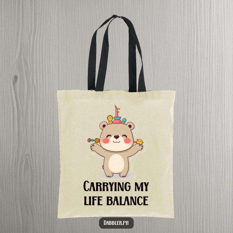 Funny Bear Tote Bag showing a cheerful bear balancing objects on its nose, ideal for stylish and humorous transport.
