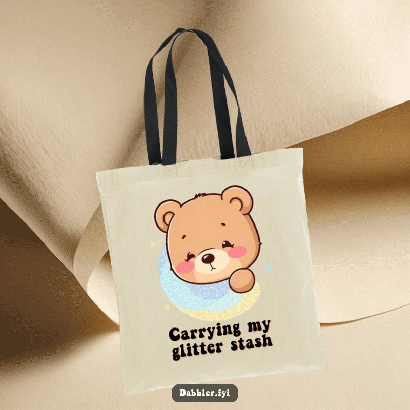 Funny Tote Bag: A curious bear character examining a dazzling swirl of glitter, highlighting a funny fascination.
