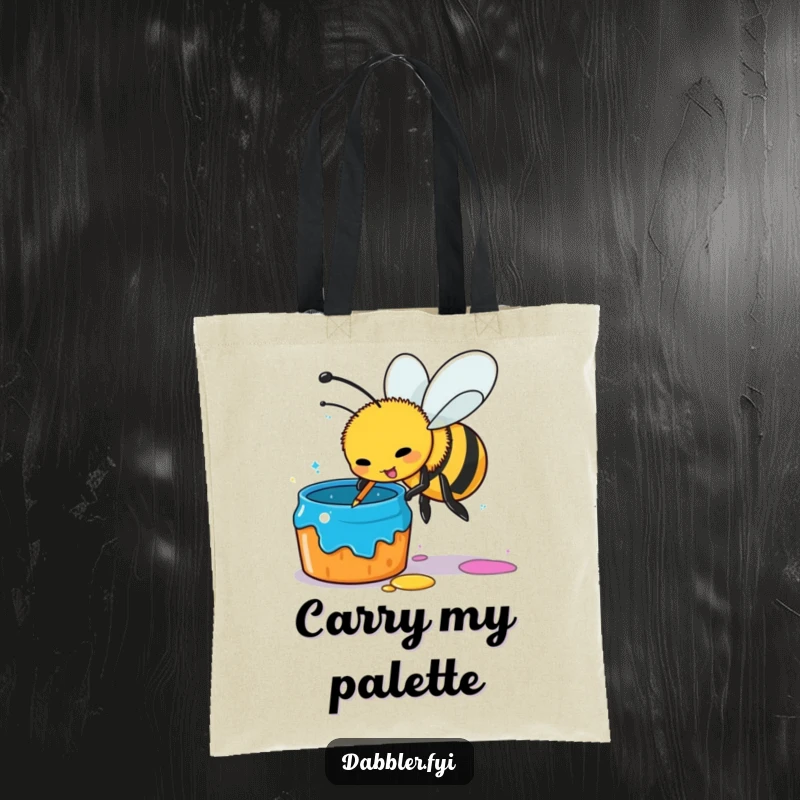 Funny busy bee tote bag, artist bee dipping stinger in paint pot, carrying art supplies with humor, functional and funny gift.