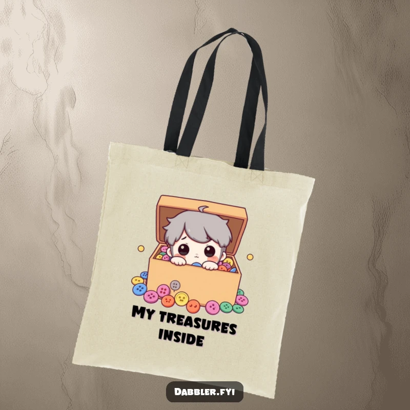 Funny tote bag featuring a curious character gazing into a box overflowing with a delightful assortment of colorful buttons, perfect for craft supply storage.