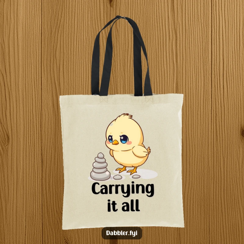 Funny tote bag designed with a determined chick attempting to stack small pebbles, perfect for carrying daily items.