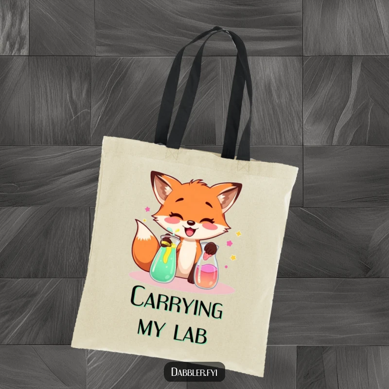 Funny fox tote bag, showing a fox gleefully mixing colorful liquids, perfect for carrying lab supplies.
